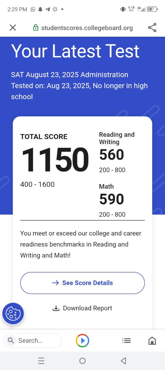 SAT score 1150 screenshot